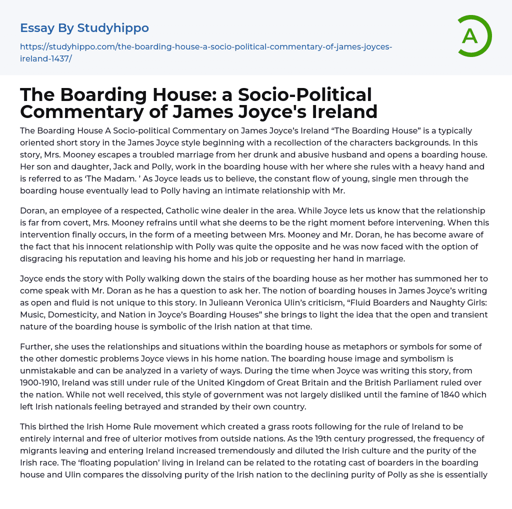 The Boarding House: a Socio-Political Commentary of James Joyce’s Ireland Essay Example