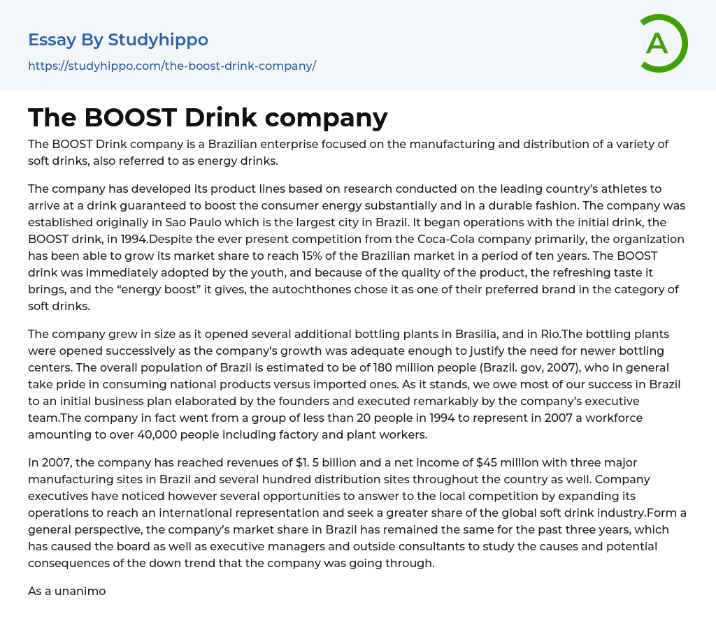The BOOST Drink company Essay Example