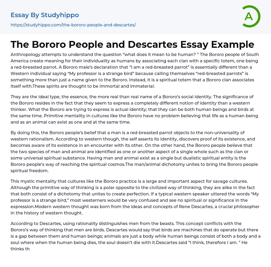 The Bororo People and Descartes Essay Example