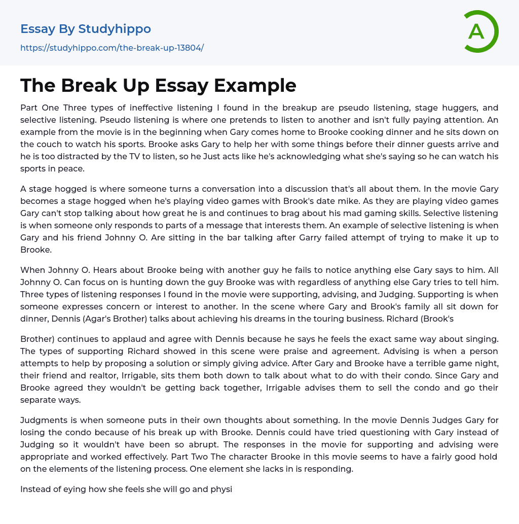 The Break Up Essay Example
