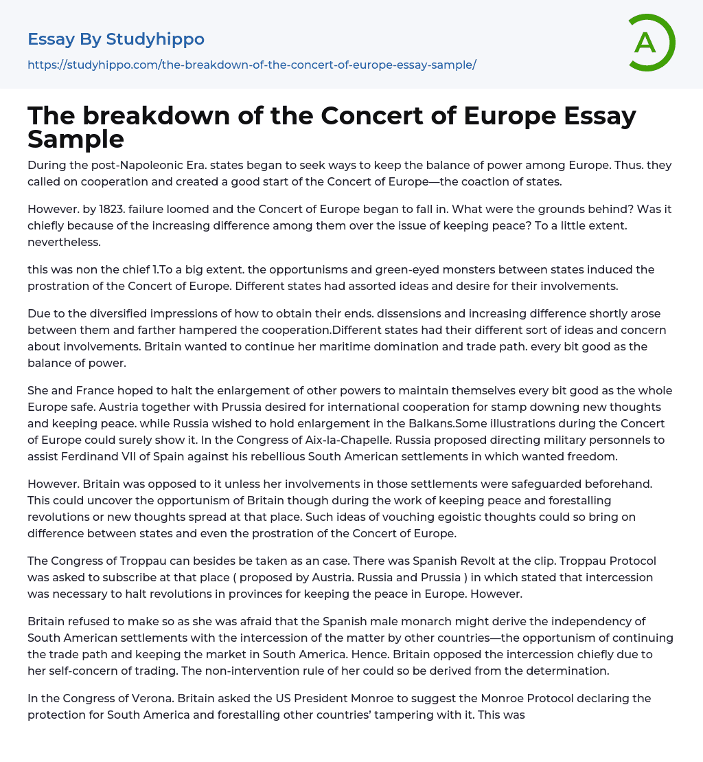 The breakdown of the Concert of Europe Essay Sample