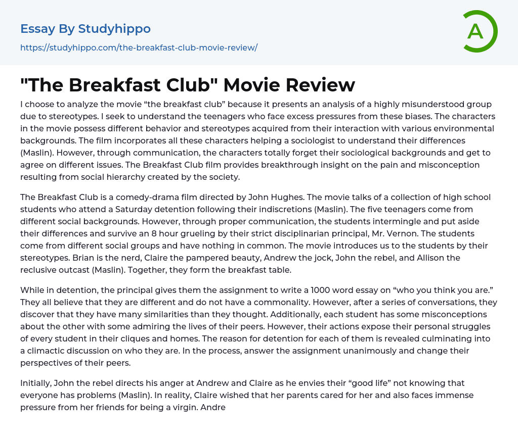 “The Breakfast Club” Movie Review Essay Example