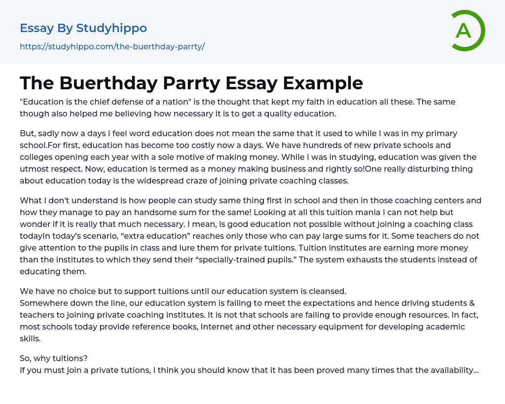 The Buerthday Parrty Essay Example