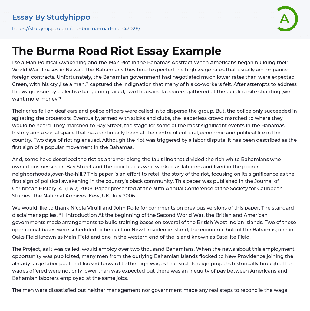 The Burma Road Riot Essay Example