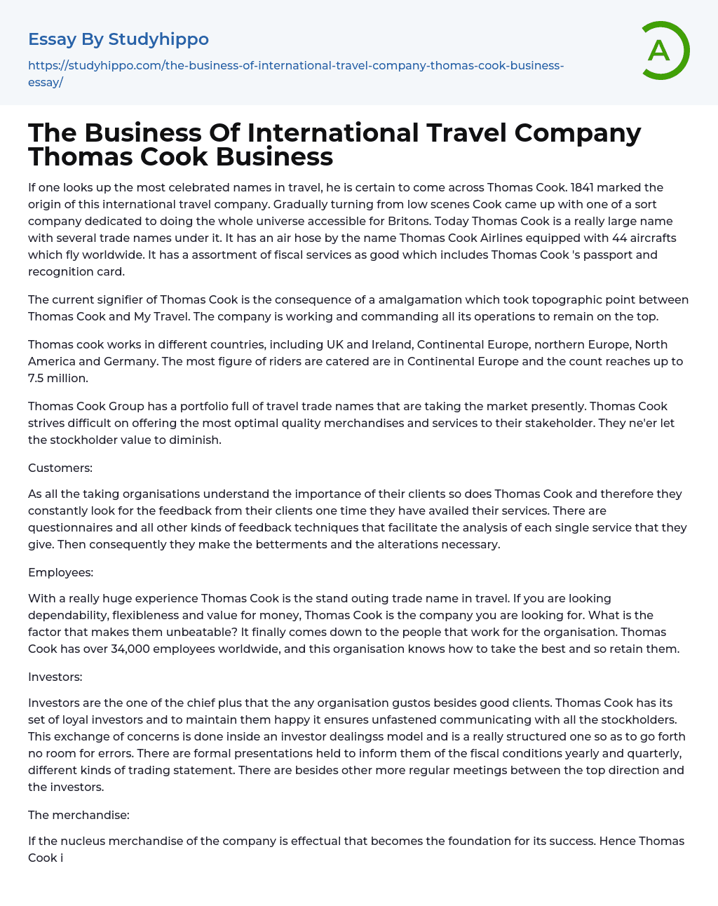 The Business Of International Travel Company Thomas Cook Business Essay Example