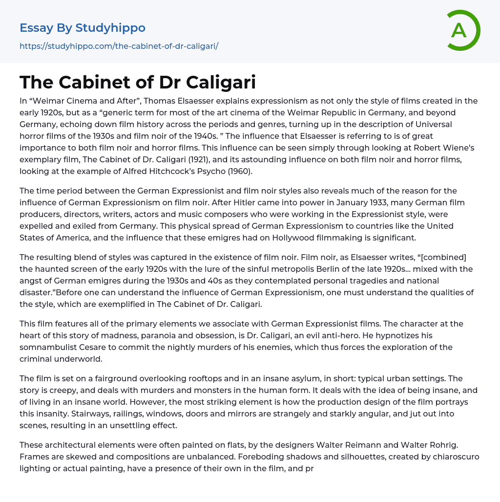 The Cabinet of Dr Caligari Essay Example
