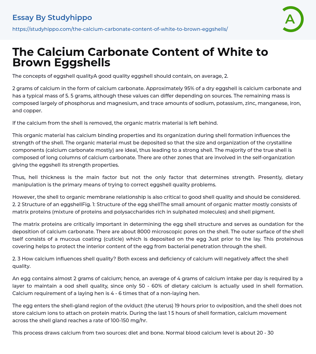 The Calcium Carbonate Content of White to Brown Eggshells Essay Example