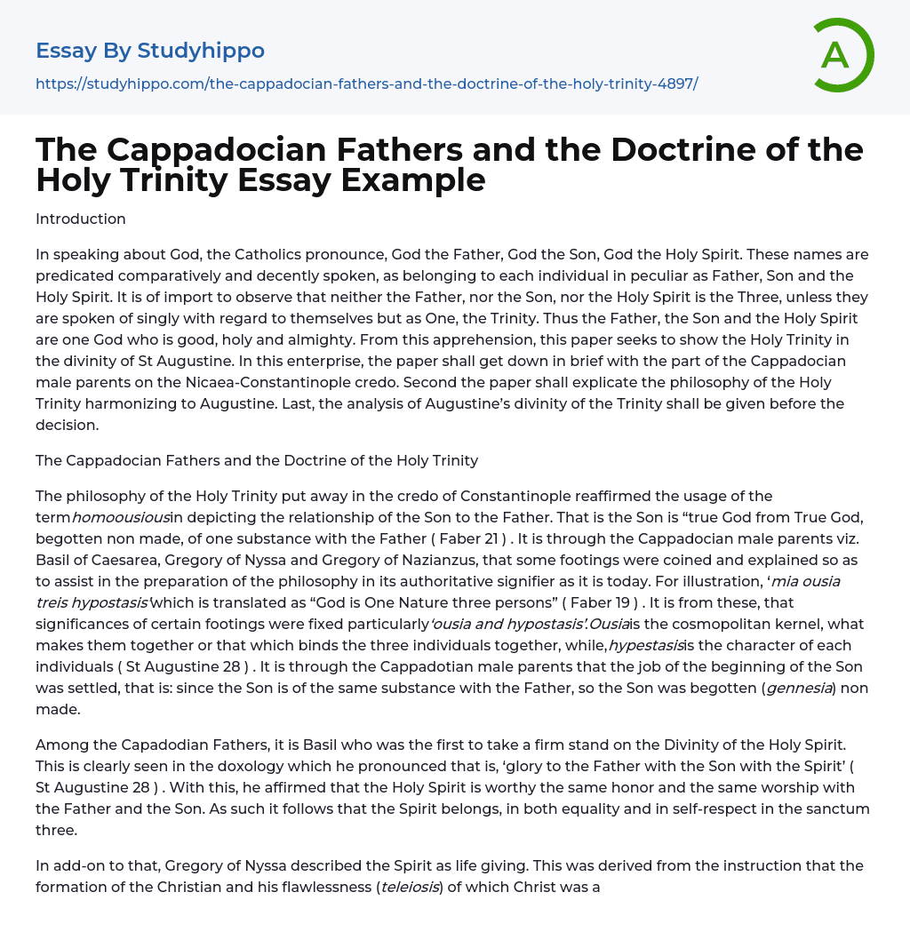 The Cappadocian Fathers and the Doctrine of the Holy Trinity Essay Example