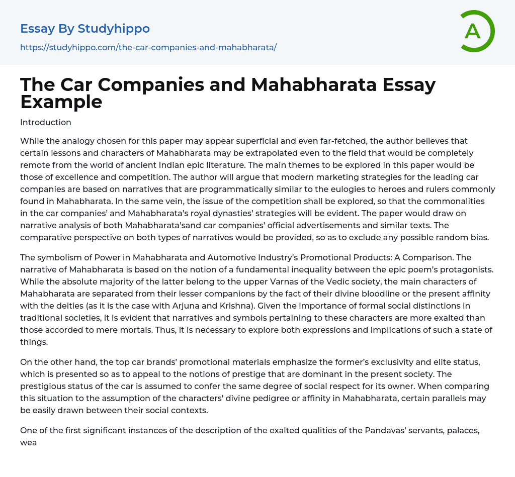 The Car Companies and Mahabharata Essay Example