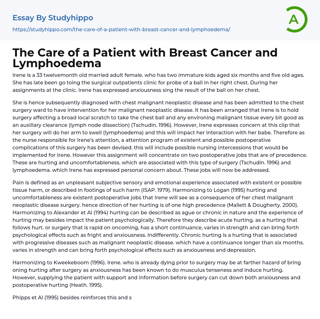 The Care of a Patient with Breast Cancer and Lymphoedema Essay Example