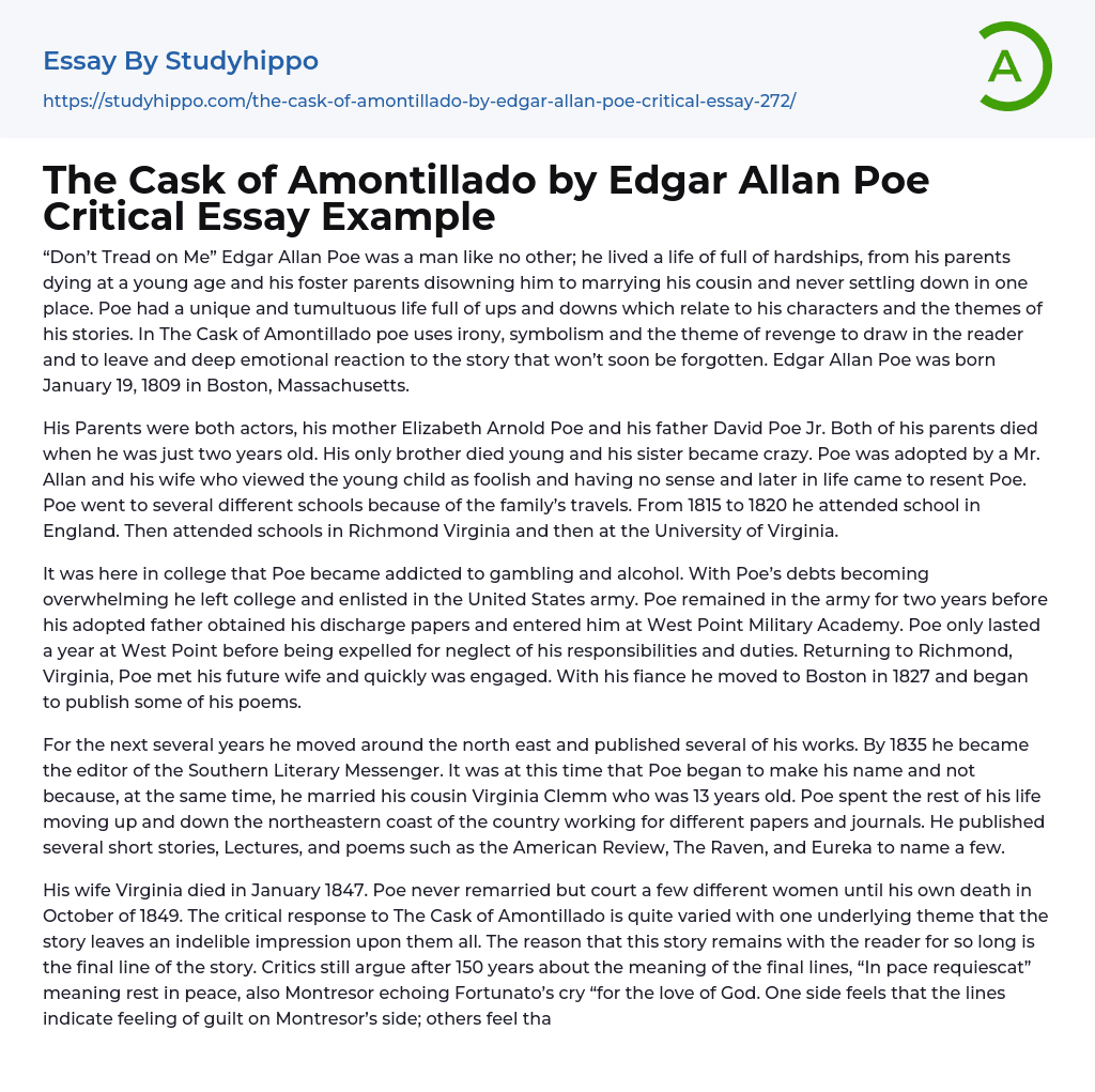 The Cask of Amontillado by Edgar Allan Poe Critical Essay Example