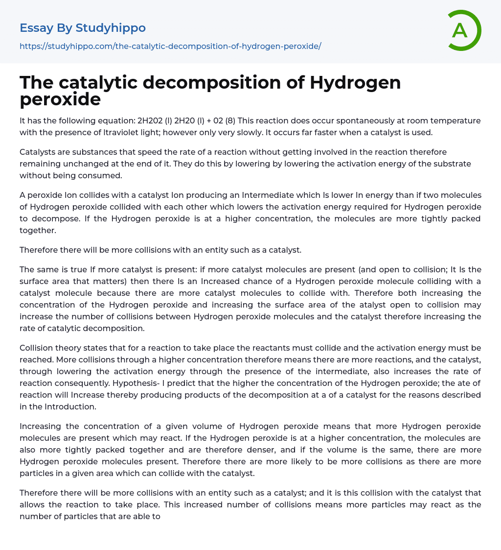 The catalytic decomposition of Hydrogen peroxide Essay Example
