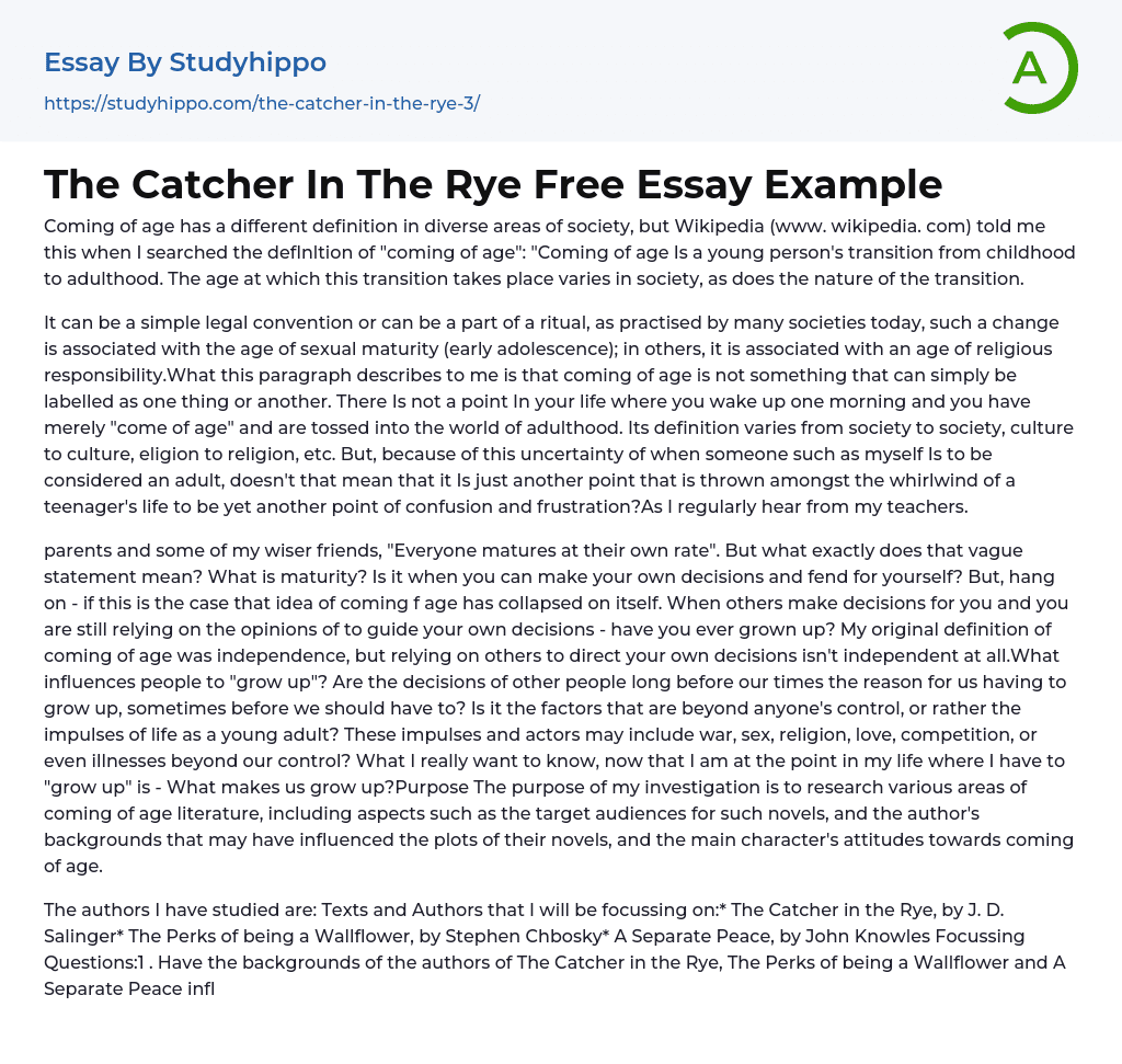 The Catcher In The Rye Free Essay Example