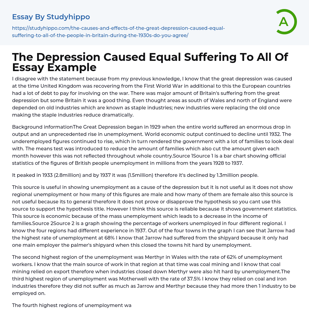 The Depression Caused Equal Suffering To All Of Essay Example