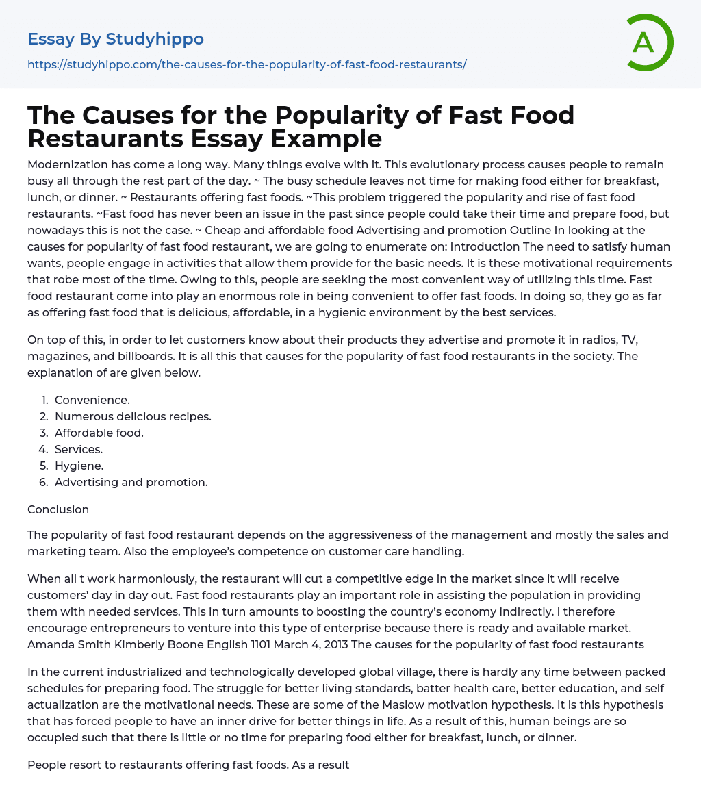 The Causes for the Popularity of Fast Food Restaurants Essay Example