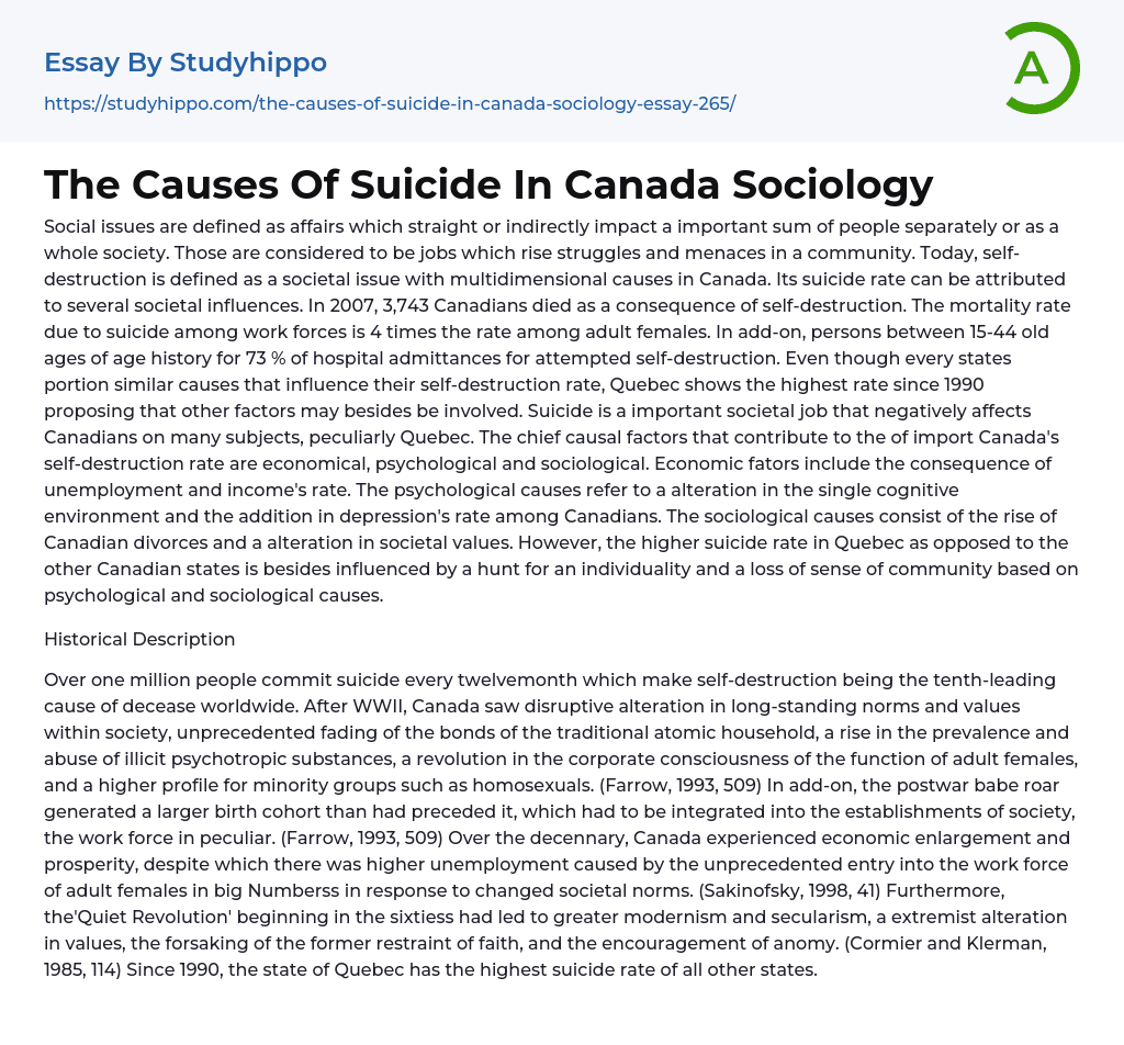 The Causes Of Suicide In Canada Sociology Essay Example