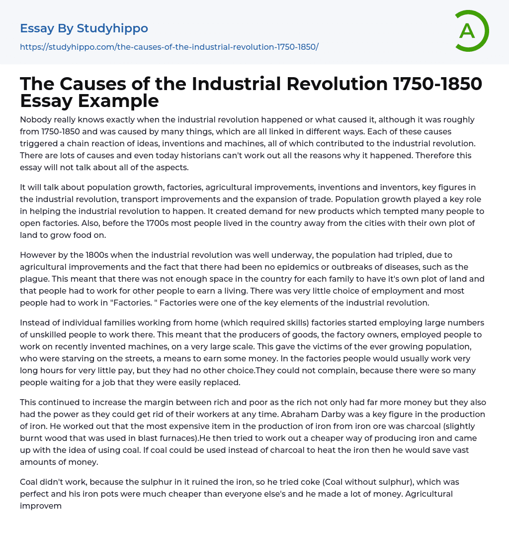 The Causes of the Industrial Revolution 1750-1850 Essay Example