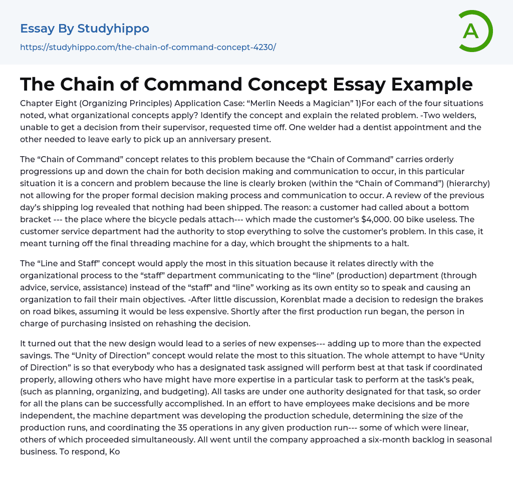 The Chain of Command Concept Essay Example