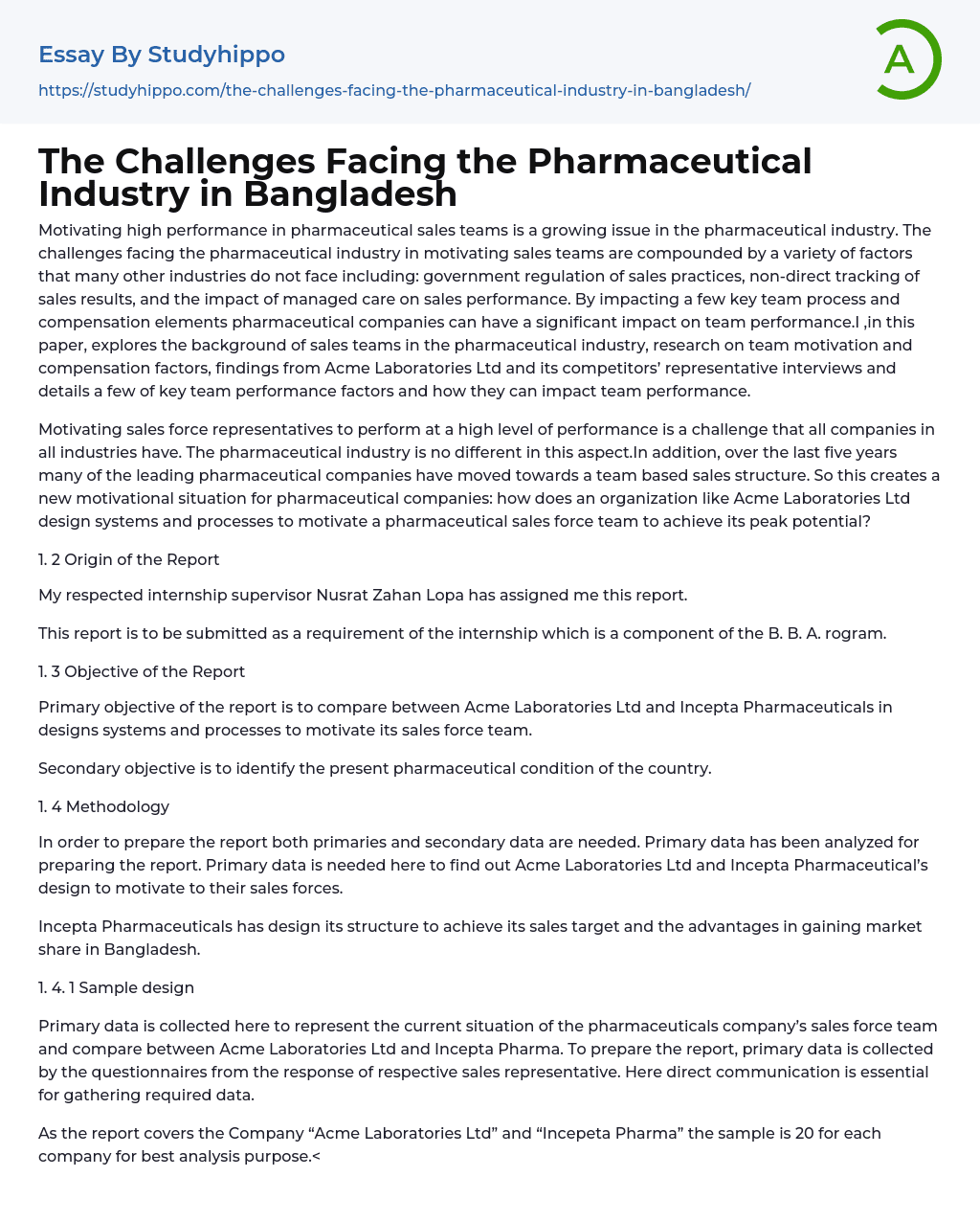 The Challenges Facing the Pharmaceutical Industry in Bangladesh Essay Example