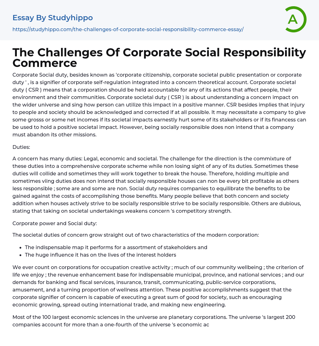 The Challenges Of Corporate Social Responsibility Commerce Essay Example
