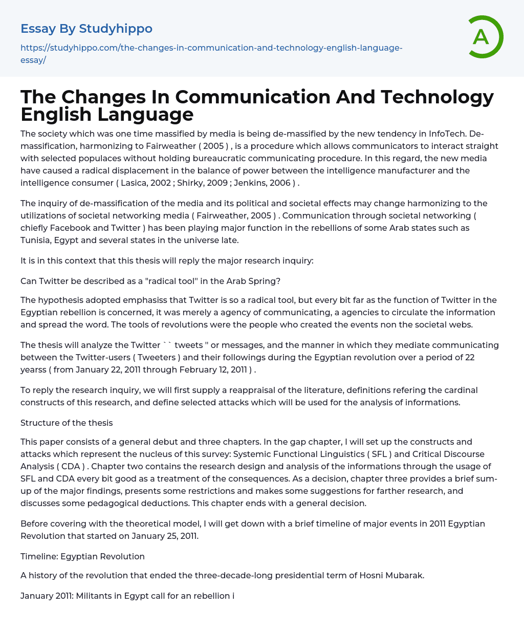 The Changes In Communication And Technology English Language Essay Example