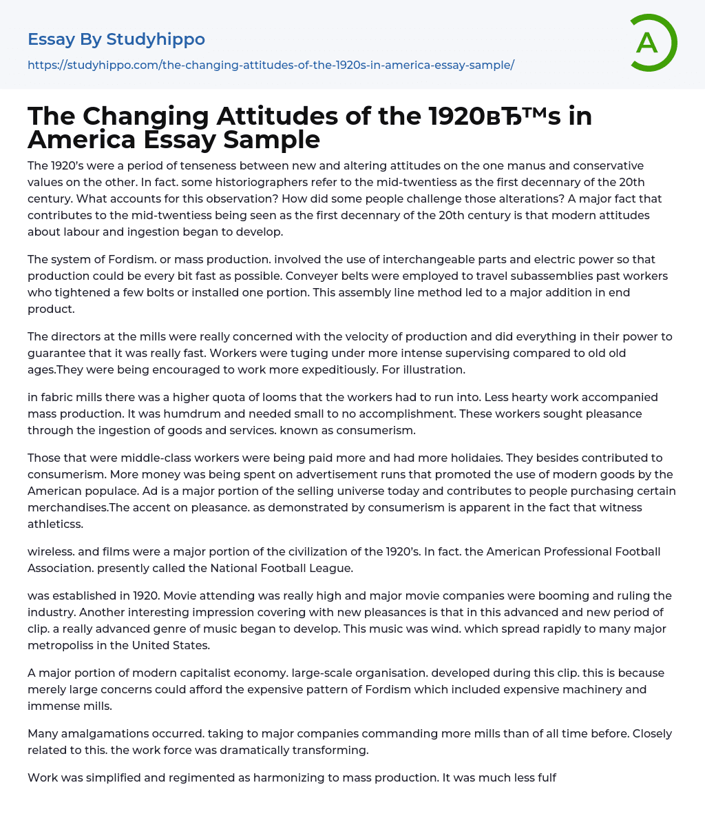 The Changing Attitudes of the 1920’s in America Essay Sample