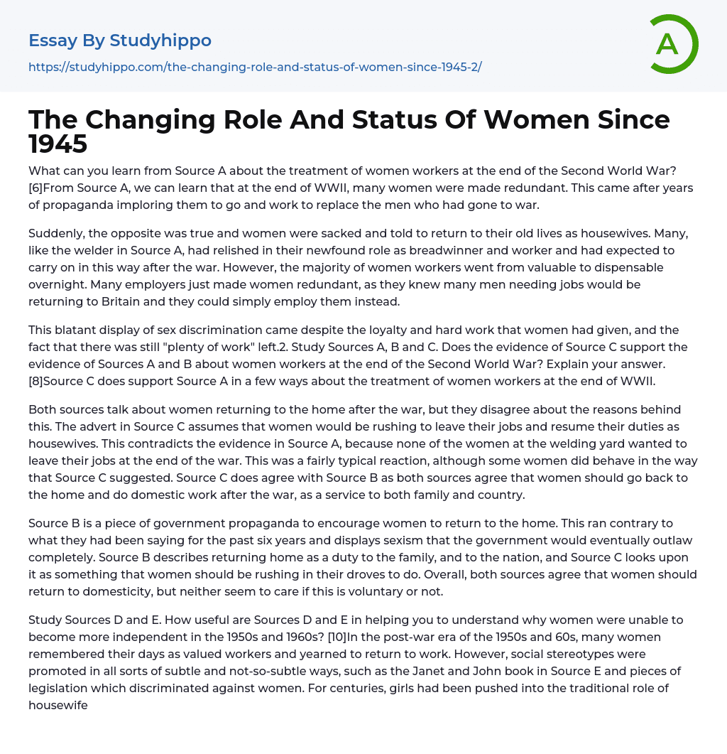 The Changing Role And Status Of Women Since 1945 Essay Example