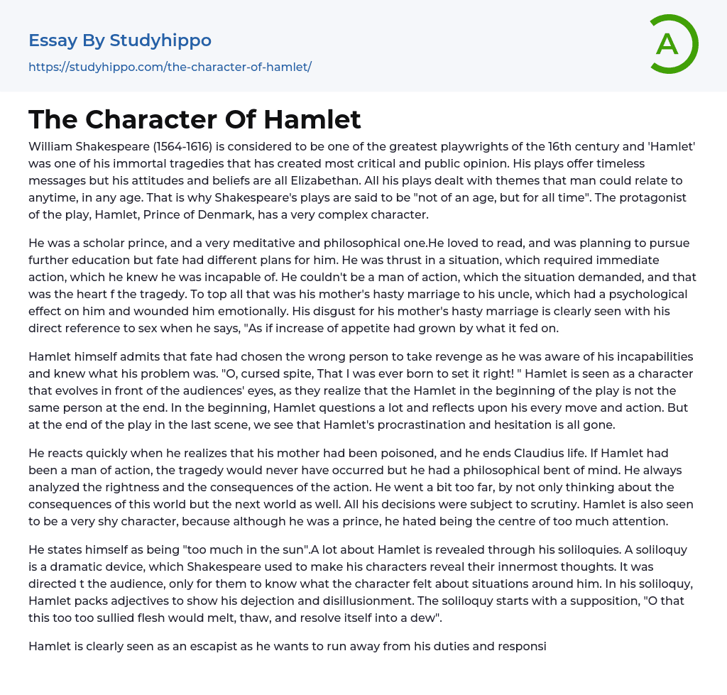 The Character Of Hamlet Essay Example
