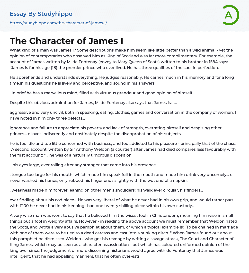 The Character of James I Essay Example