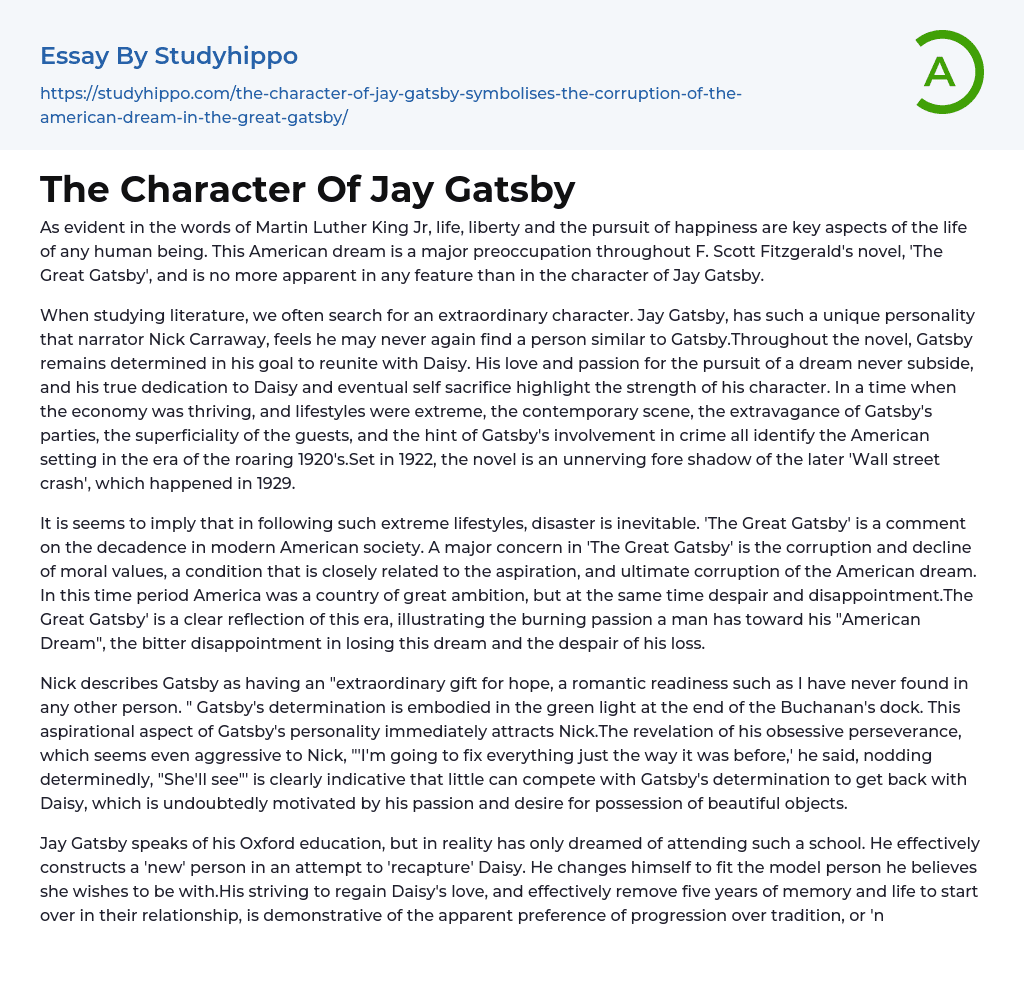 The Character Of Jay Gatsby Essay Example