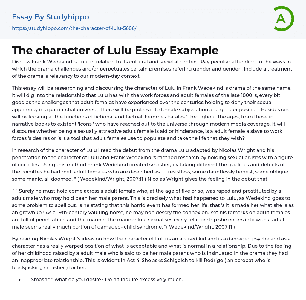 The character of Lulu Essay Example