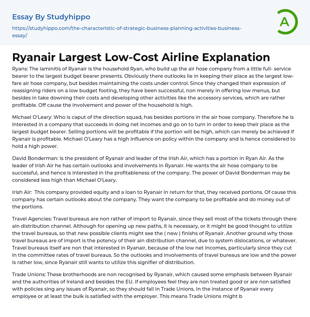Ryanair Largest Low-Cost Airline Explanation Essay Example