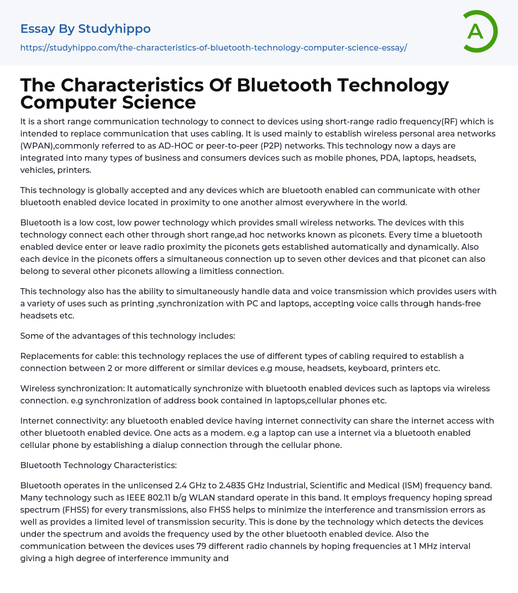 The Characteristics Of Bluetooth Technology Computer Science Essay Example