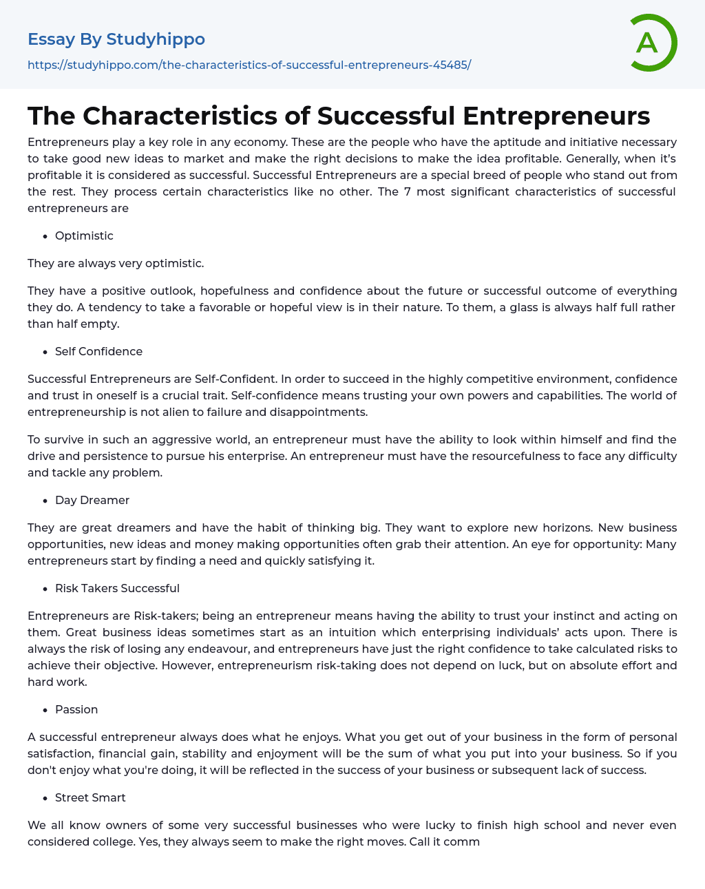 The Characteristics of Successful Entrepreneurs Essay Example
