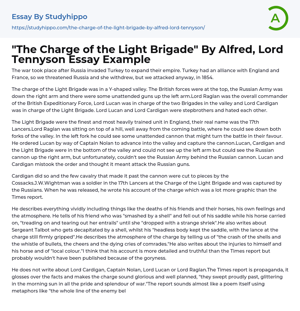 “The Charge of the Light Brigade” By Alfred, Lord Tennyson Essay Example