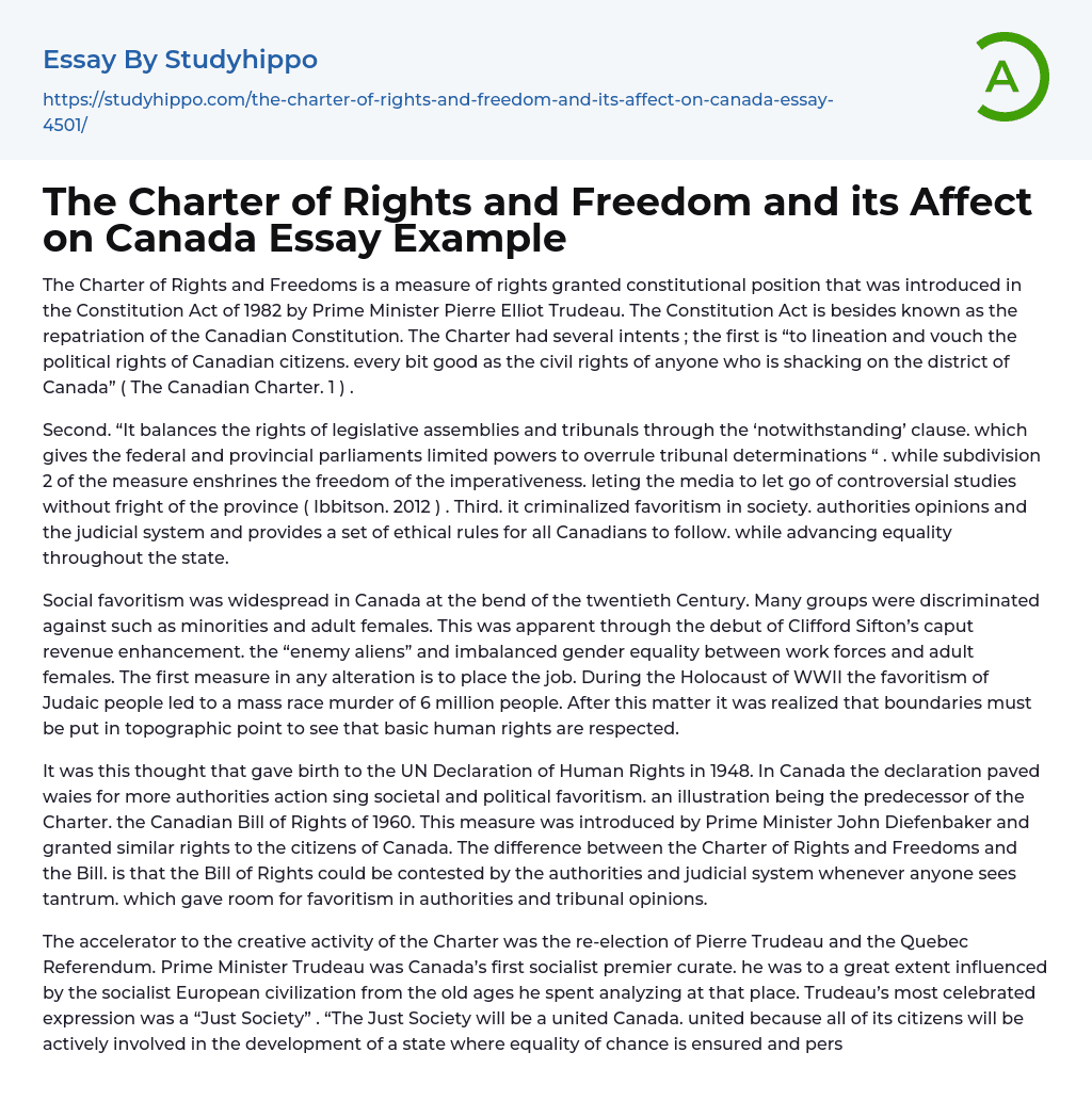 The Charter of Rights and Freedom and its Affect on Canada Essay Example