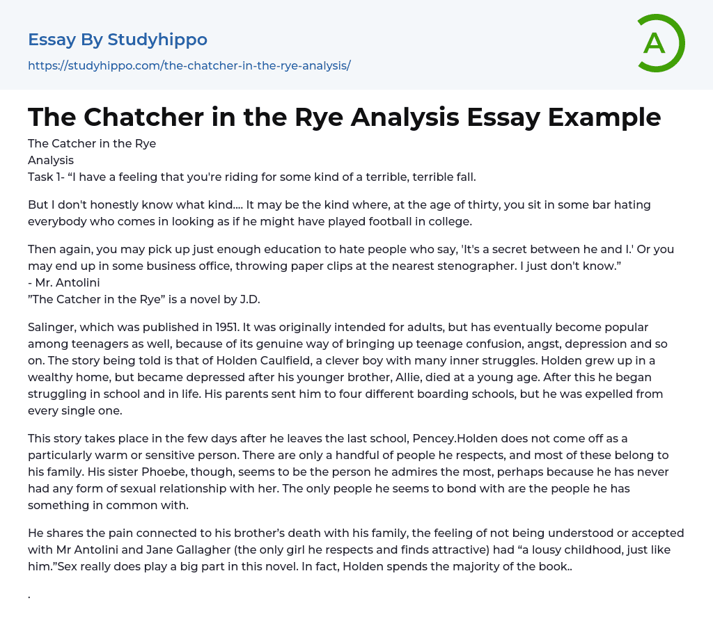 The Chatcher in the Rye Analysis Essay Example