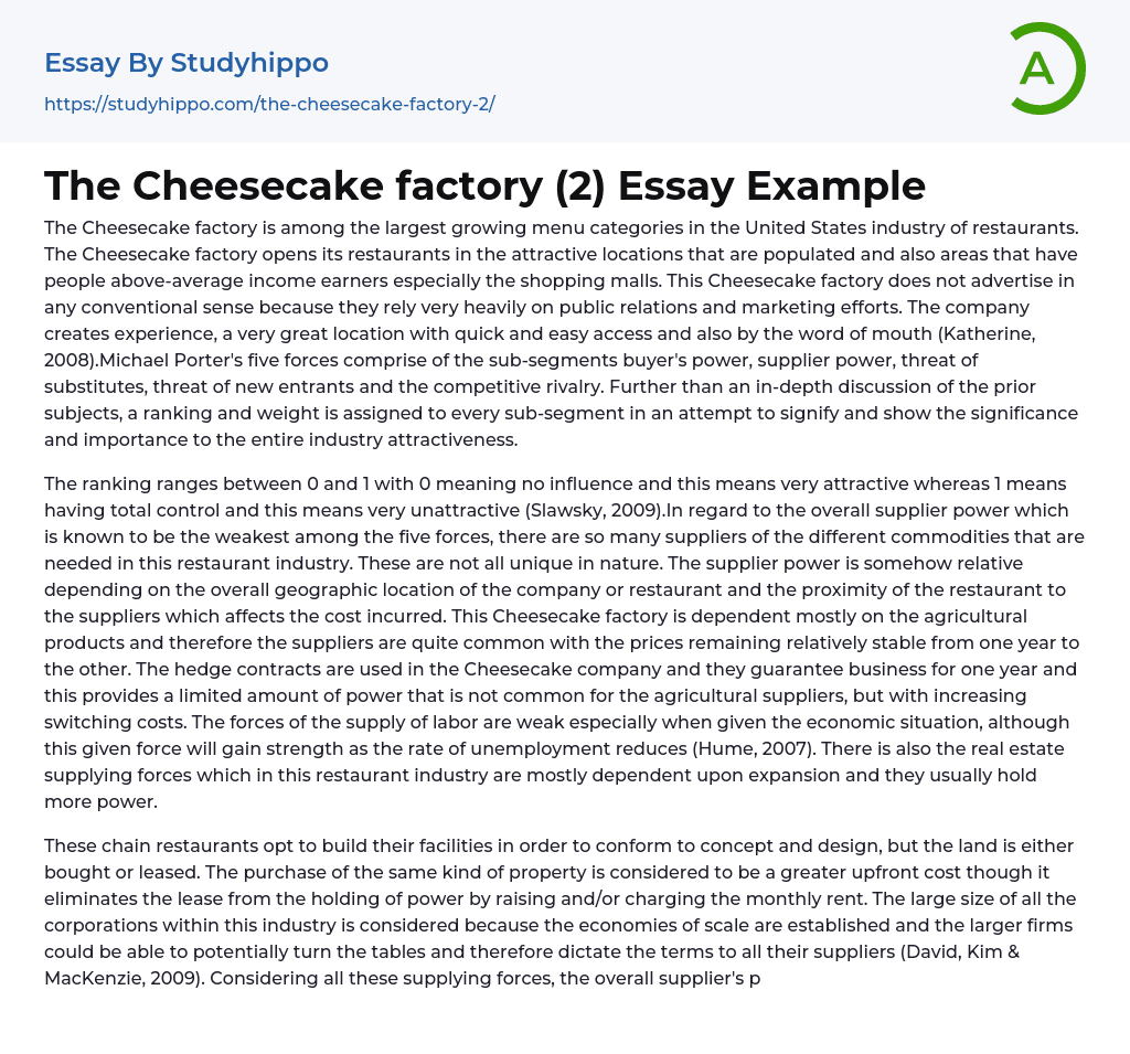 The Cheesecake factory (2) Essay Example