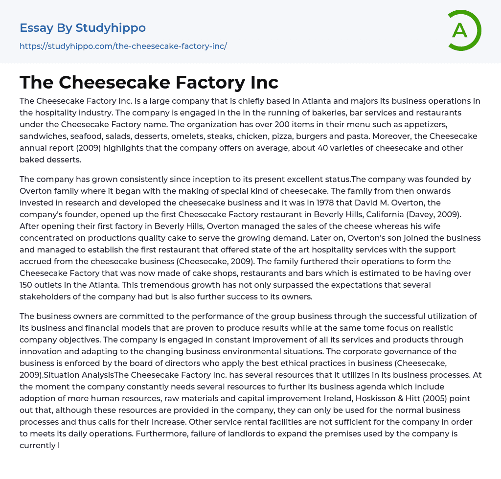 The Cheesecake Factory Inc Essay Example