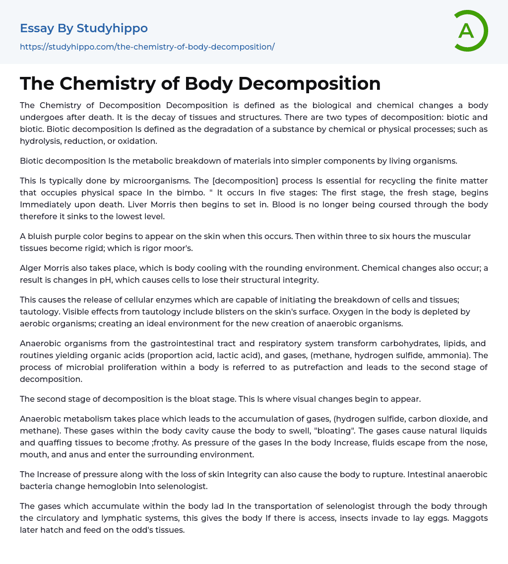 The Chemistry of Body Decomposition Essay Example