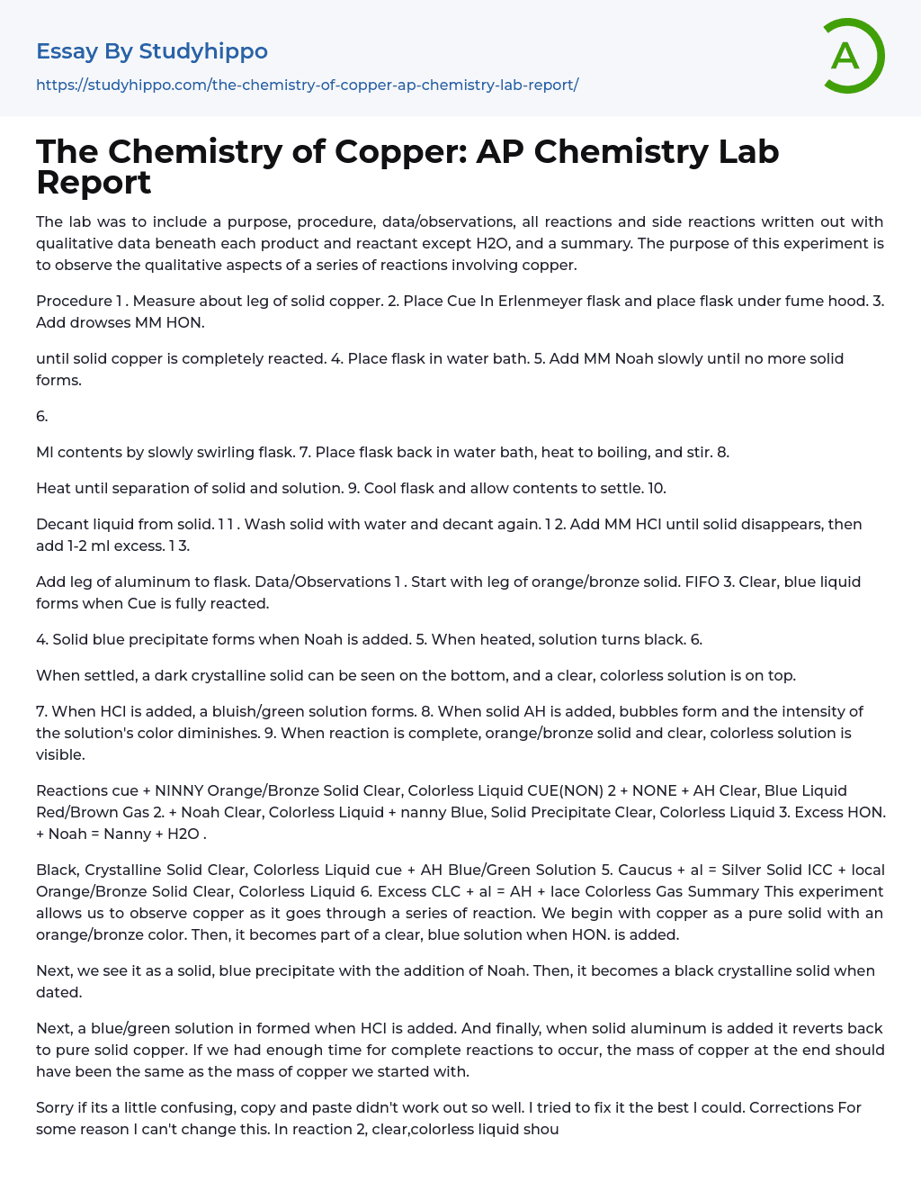 The Chemistry of Copper: AP Chemistry Lab Report Essay Example