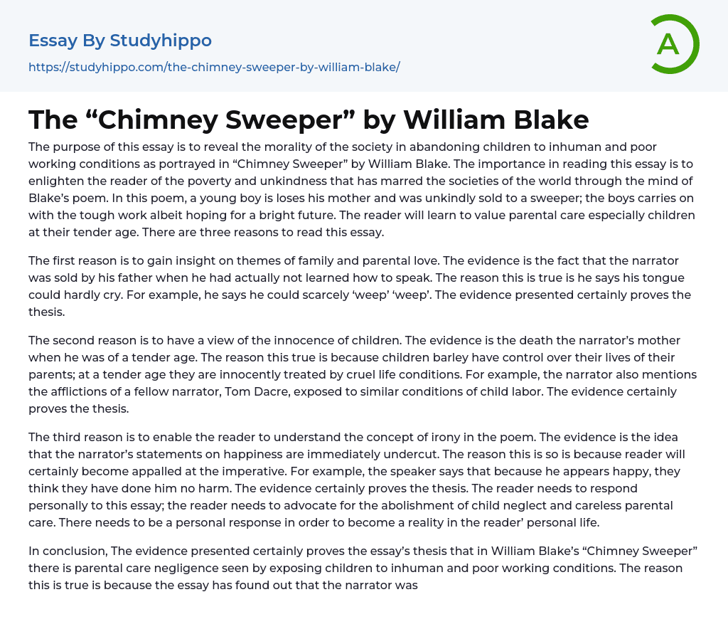The “Chimney Sweeper” by William Blake Essay Example