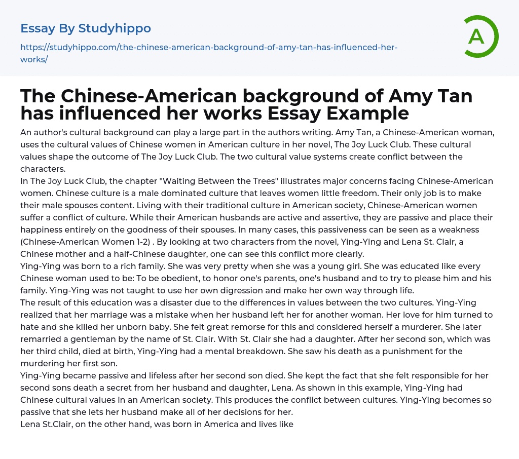 The Chinese-American background of Amy Tan has influenced her works Essay Example