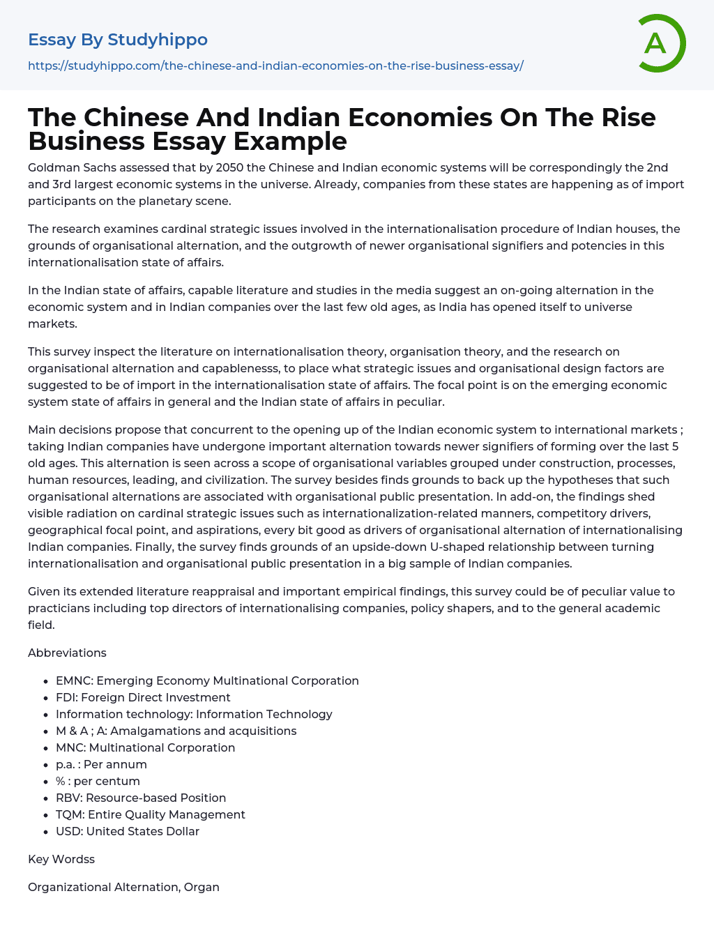 The Chinese And Indian Economies On The Rise Business Essay Example