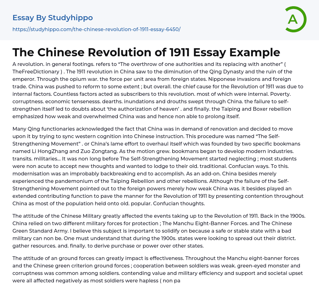 The Chinese Revolution of 1911 Essay Example