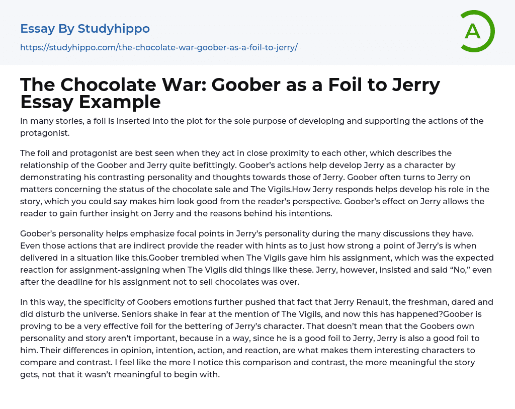 The Chocolate War: Goober as a Foil to Jerry Essay Example