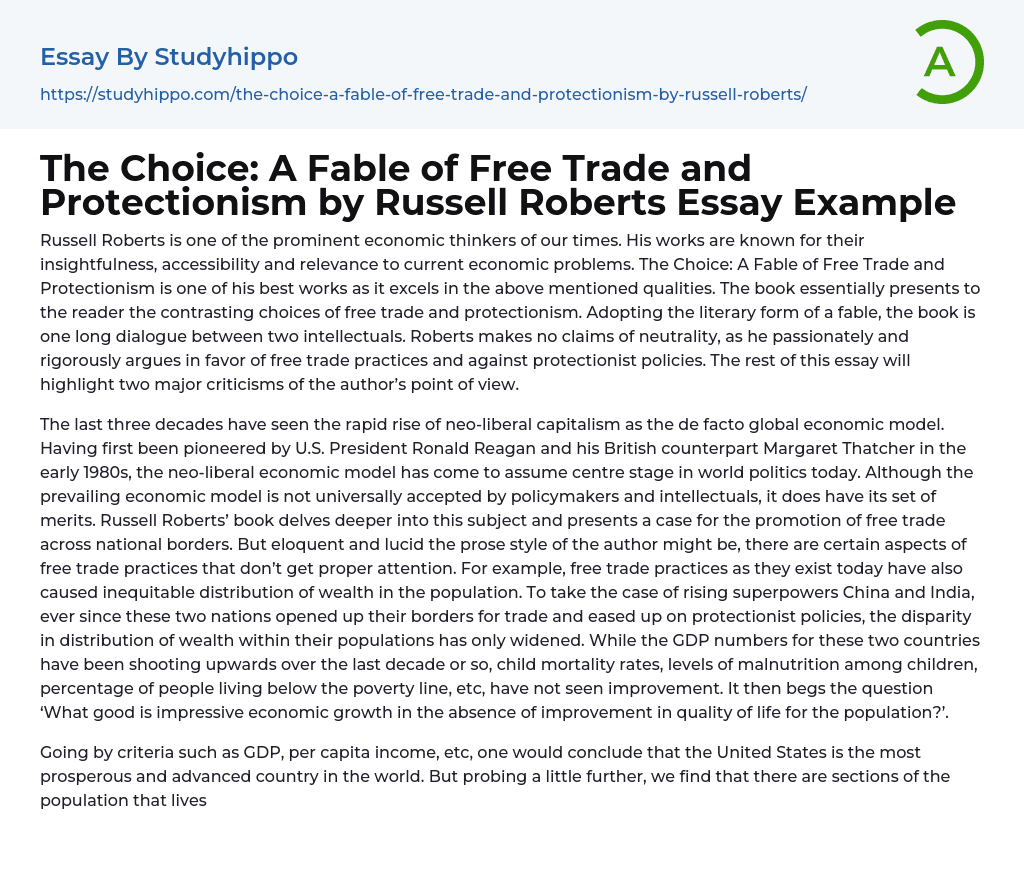 The Choice: A Fable of Free Trade and Protectionism by Russell Roberts Essay Example