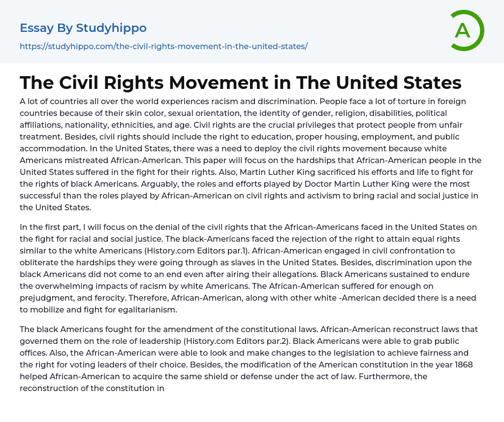 The Civil Rights Movement in The United States Essay Example