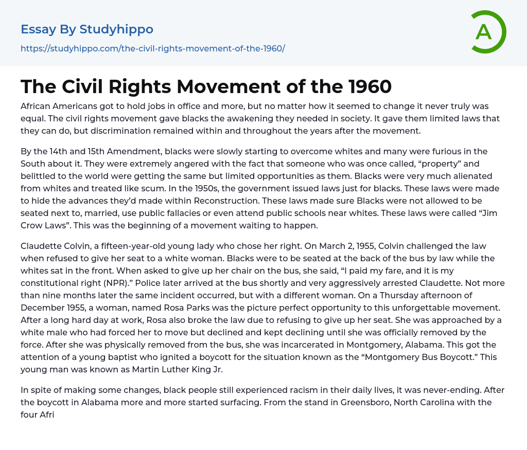 The Civil Rights Movement of the 1960 Essay Example