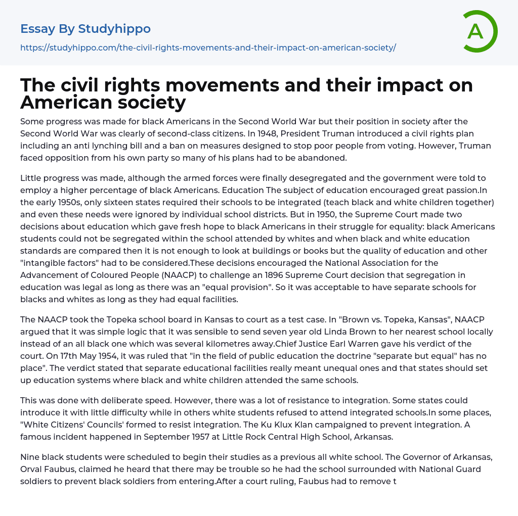 The civil rights movements and their impact on American society Essay Example